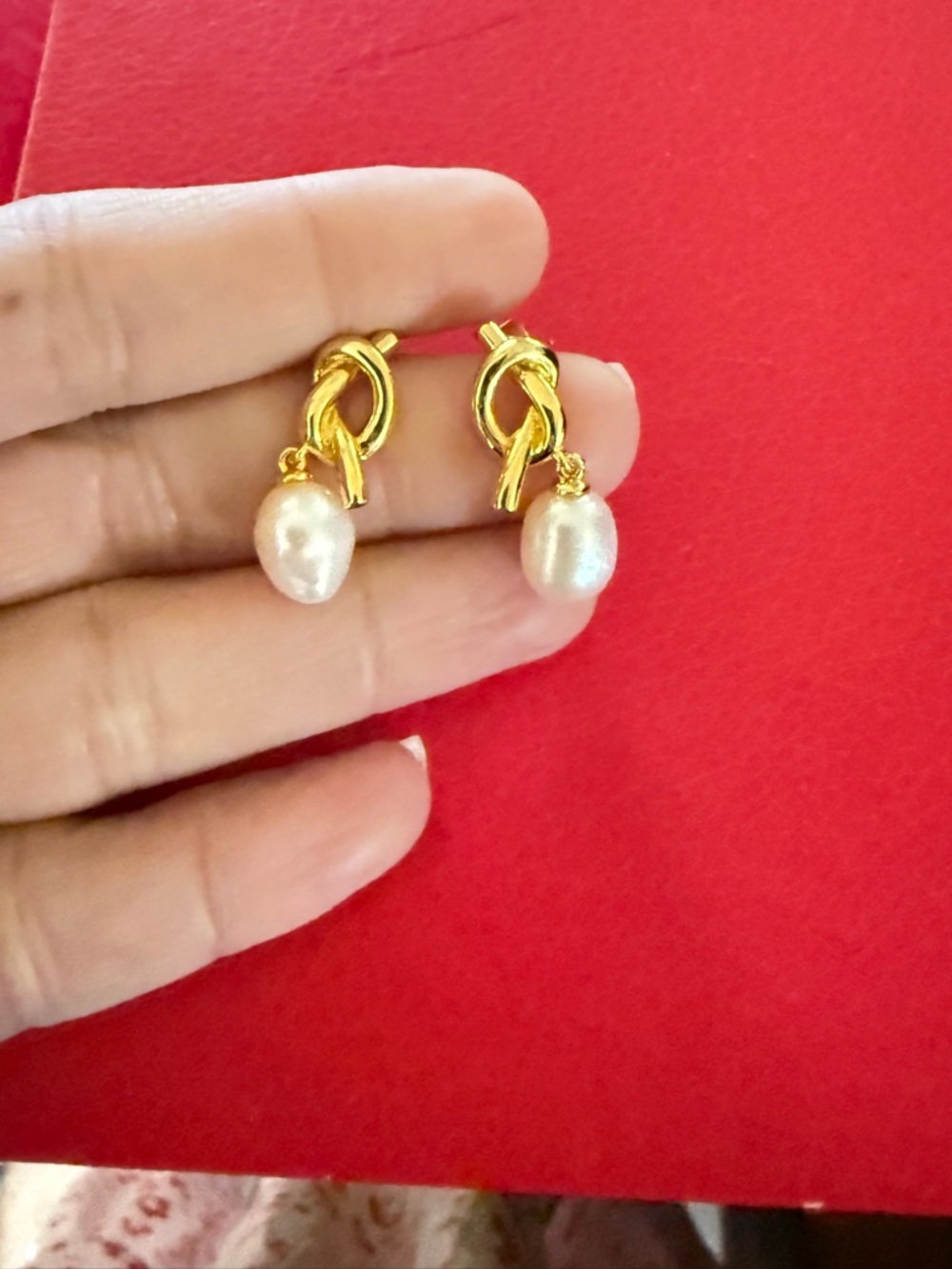 Gold Knot Drop Earrings with Pearl Dangles